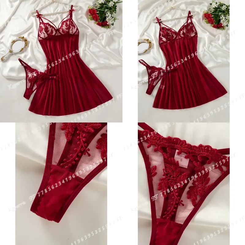 Embroidery - Винно-красная женская ночная сорочка в деревенском